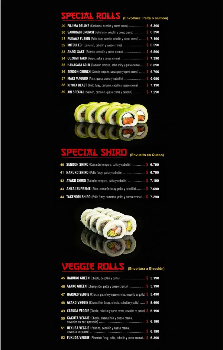Menú oficial Takenori - rolls especiales y veggie